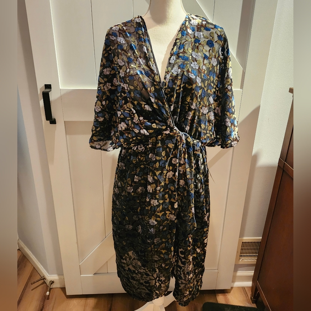 ModCloth Black Floral Midi Dress with Blue and Green Accents